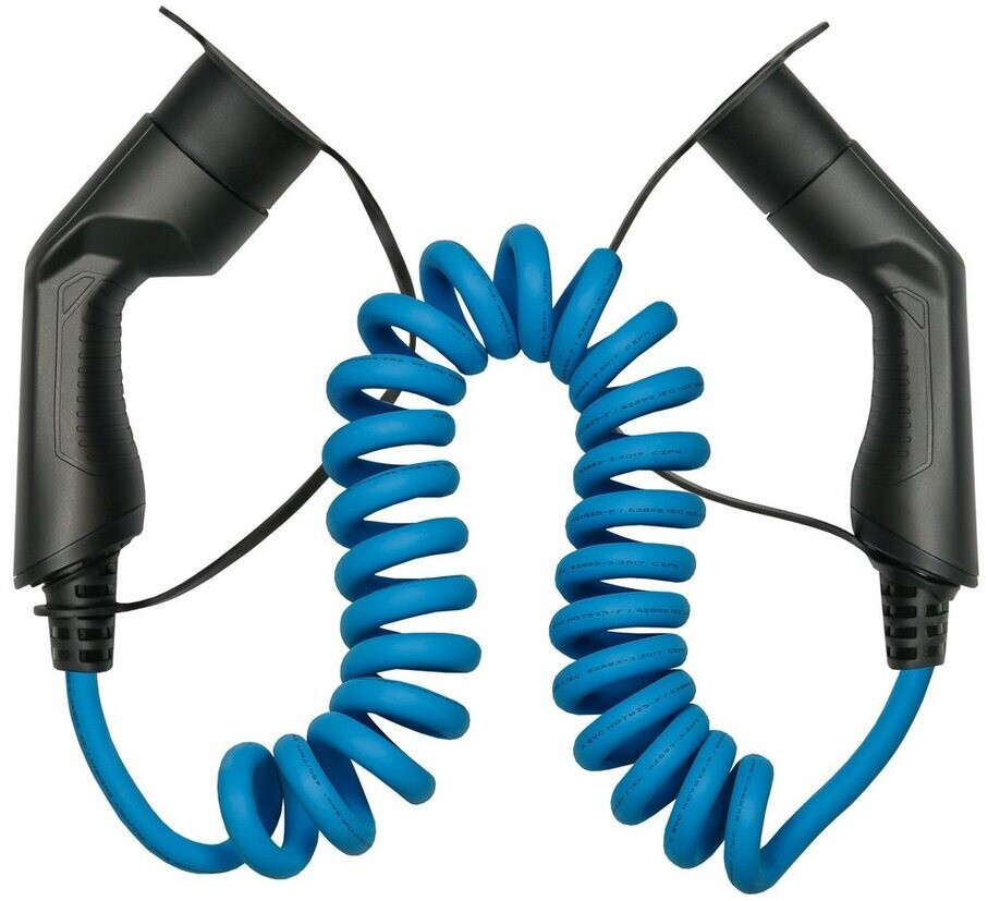 xKabelmeister E-Auto-Ladekabel Mode 3 Typ 2 Stecker an Buchse 3-phasig 16 A 11 kW Spiralkabel blau 5m (EVC02-050B)