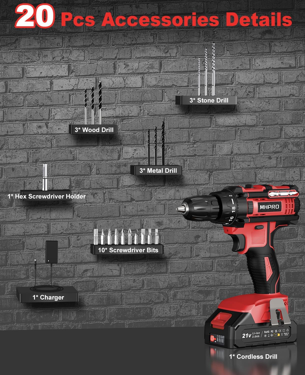 MHPRO Cordless Screwdriver 21 V, Cordless Drill Set with Battery 2000 mAh and 20 Accessories, Tool Case, Cordless Drill 42 Nm Max Torque, 18 + 1 Torque Levels, 2-Gear, 10 mm Drill Chuck, Battery Drill