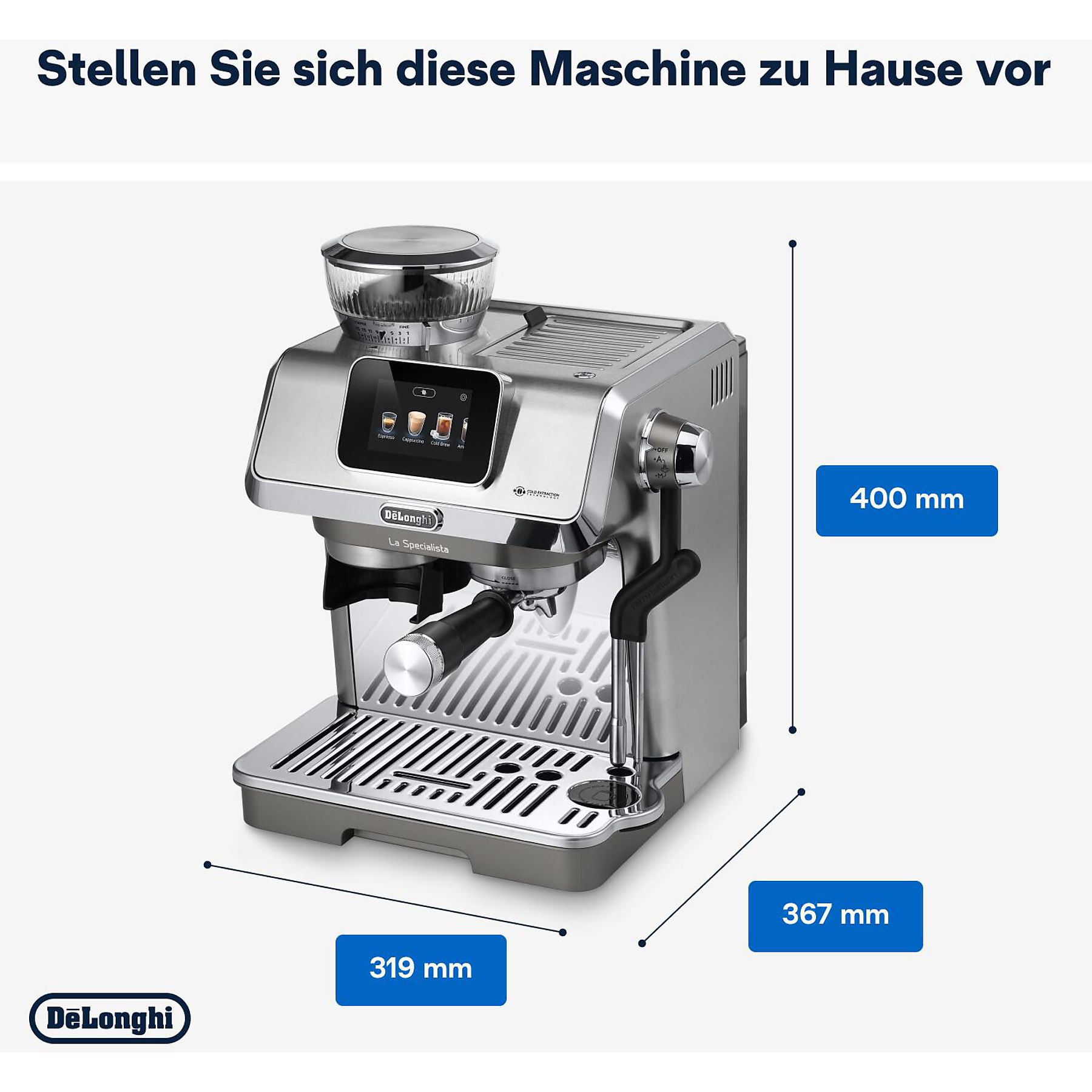 DELONGHI La Specialista Touch EC9455.M - Steuerung per Touchscreen, 8 voreingestellte Kaffee-Rezepte, Cold Brew, Espressomaschine Edelstahl/Schwarz