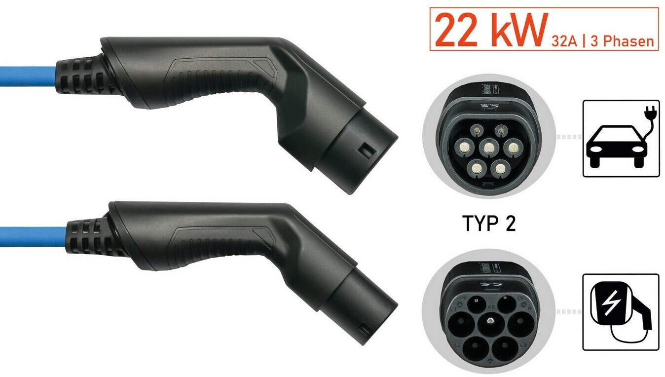Kabelmeister E-Auto-Ladekabel Mode 3 Typ 2 Stecker an Buchse 3-phasig 32 A 22 kW Spiralkabel blau 5m (EVC04-050B)