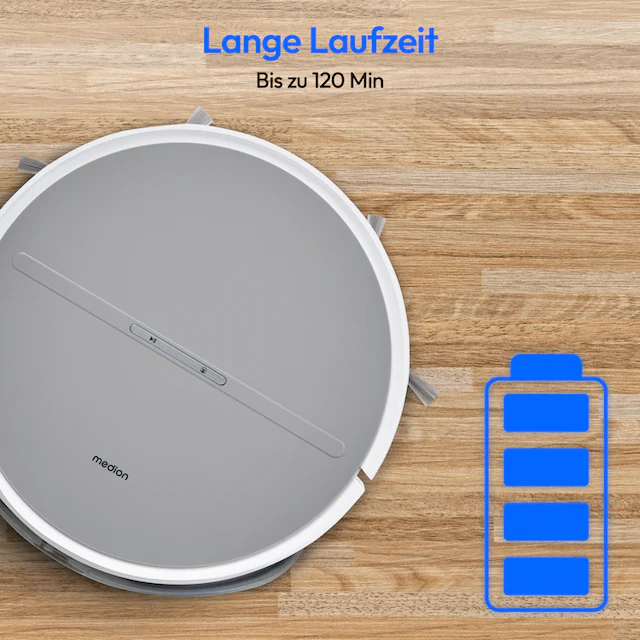 Medion® Saugroboter »mit Wischfunktion E35 SW (MD 18035), 2 kPa Saugleistung«, Gyro-Navigation in S-Linien120 min Laufzeit, integriertes Zubehör