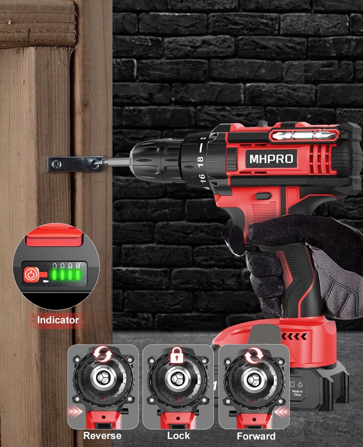 MHPRO Cordless Screwdriver 21 V, Cordless Drill Set with Battery 2000 mAh and 20 Accessories, Tool Case, Cordless Drill 42 Nm Max Torque, 18 + 1 Torque Levels, 2-Gear, 10 mm Drill Chuck, Battery Drill
