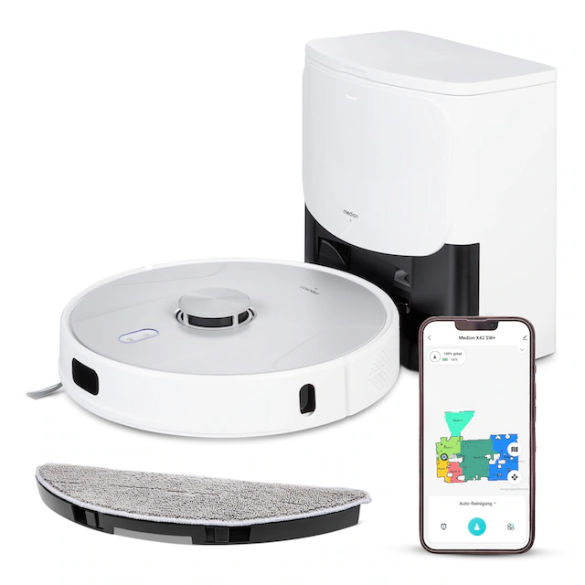 Medion® Saugroboter »mit Wischfunktion und Absaugsatation X42 SW+, 240min Laufzeit«, 8.000 Pa Saugleistung, Teppicherkennung, Lasernavigation