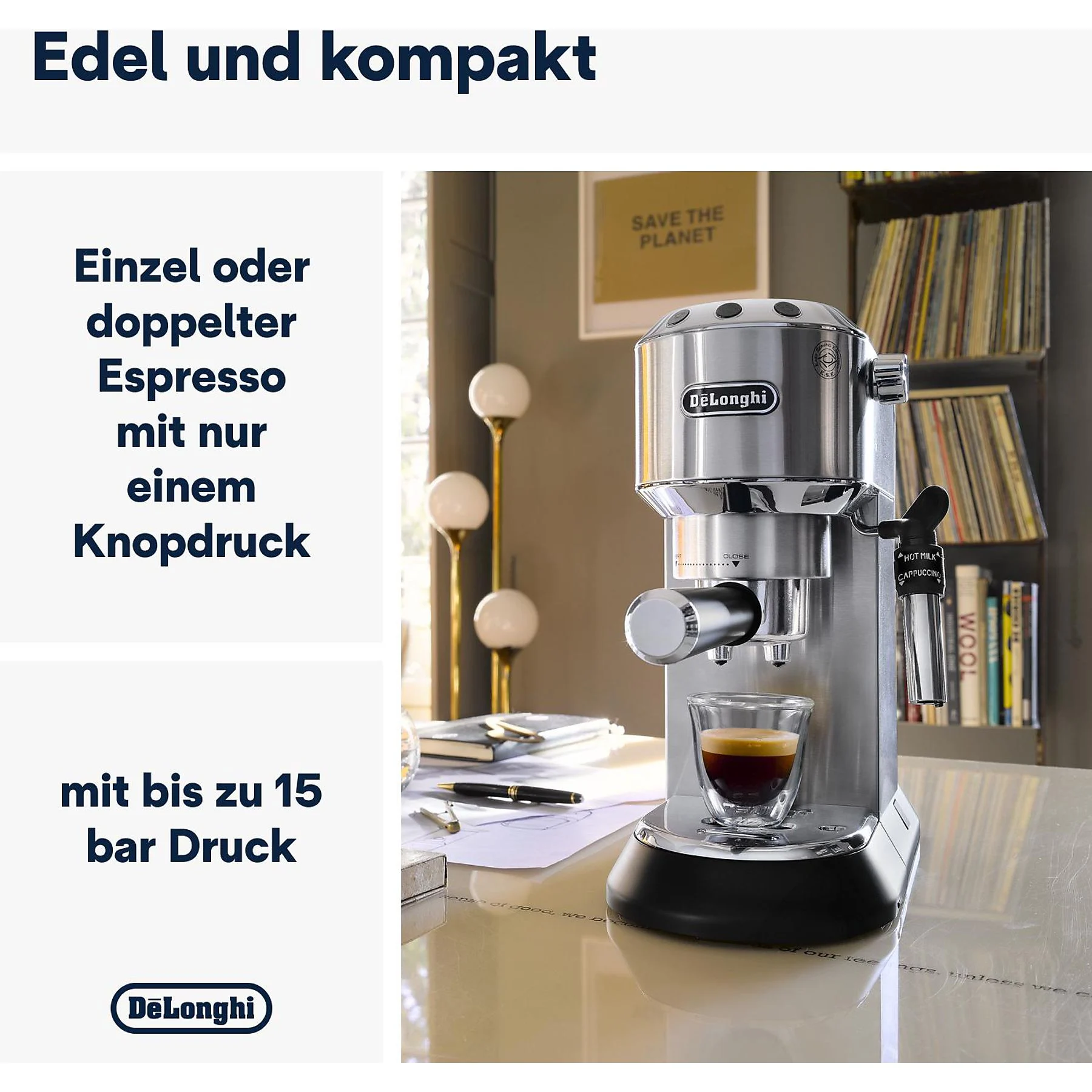 DELONGHI Dedica Style EC685.M - Professionelle Milchaufschäumung und schmales Design, Siebträger Espressomaschine Silber Matt