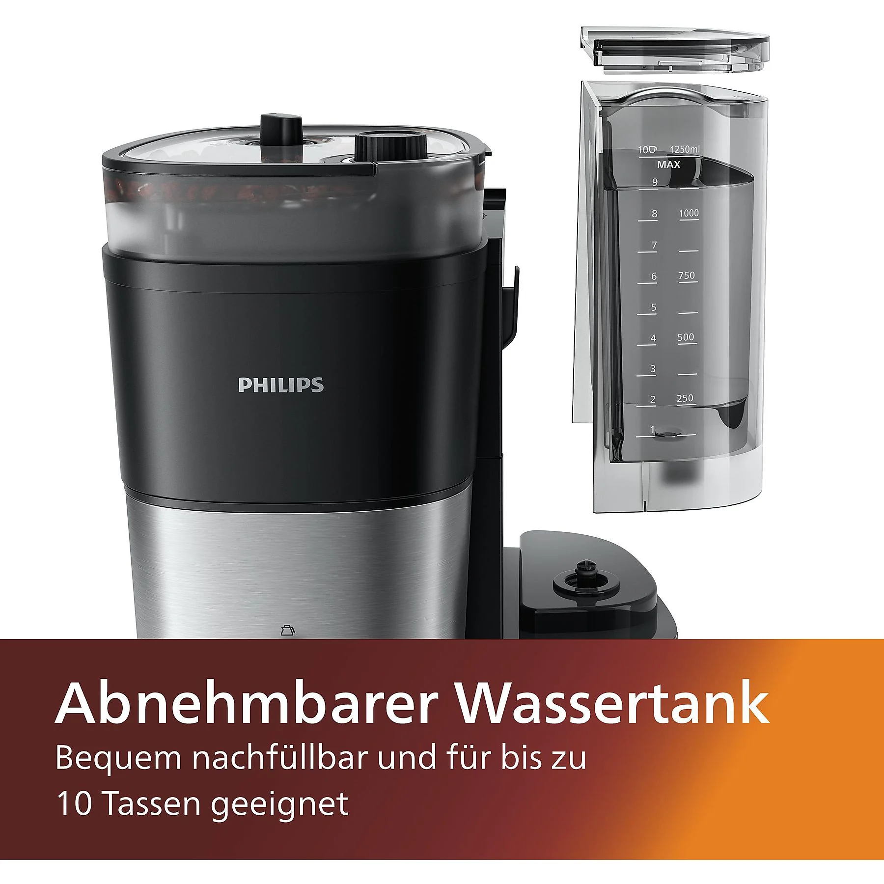 PHILIPS HD7900/50 All-in-1 Brew, mit Mahlwerk, Smart Dosierung und Duo-Kaffeebohnenbehälter, inkl. Permanentfilter und Dosierlöffel Kaffeemaschine Schwarz/Silber