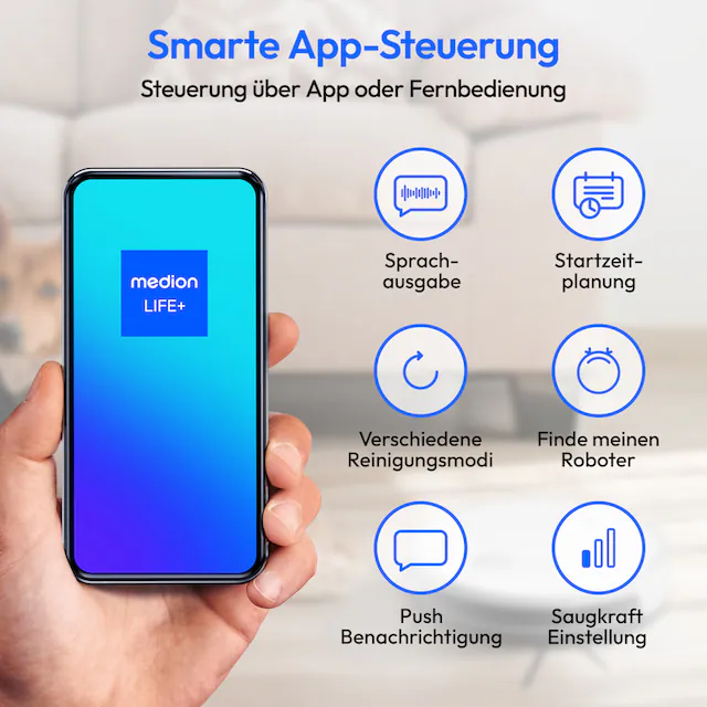Medion® Saugroboter »S35 (MD 11899), intelligente S-Linien Navigation, 4 kPa Saugleistung«, App-Steuerung, Teppicherkennung, 120 min Laufzeit, Ladestation