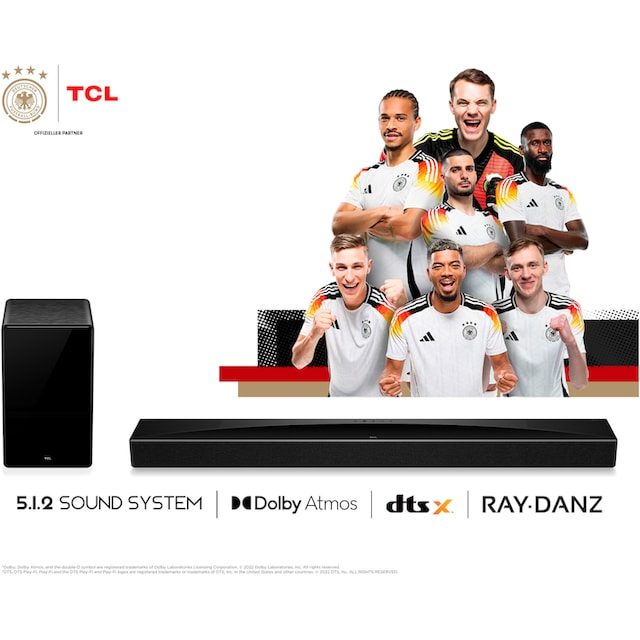 TCL Soundbar »Q75HE 5.1.2 Dolby Atmos und Ray Danz«, AI Sonic, 620 Watt, Airplay, HDMI, Bluetooth, Wandhalterung, Subwoofer