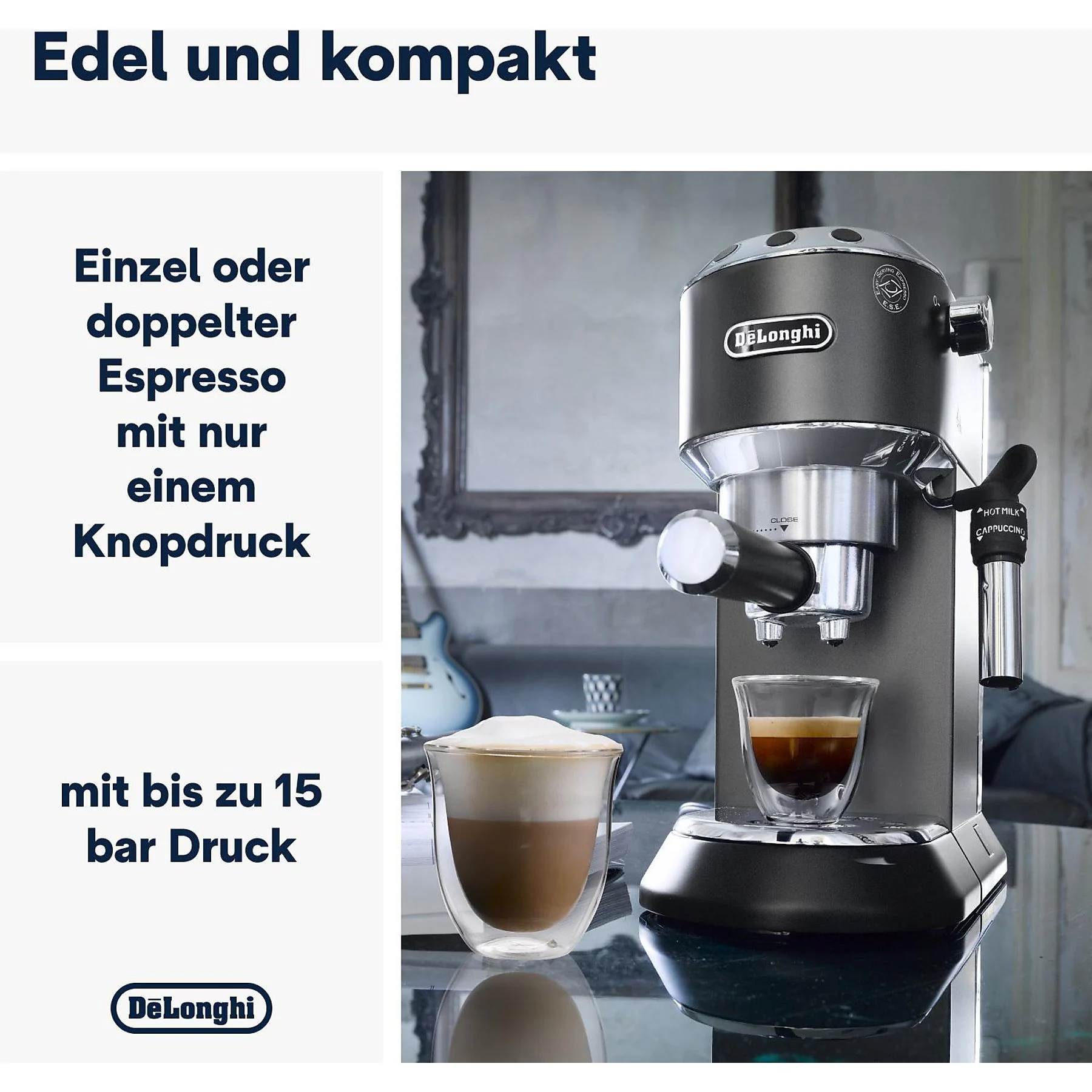 DELONGHI Dedica Style EC685.BK - Professionelle Milchaufschäumung und schmales Design, Siebträger Espressomaschine Schwarz Matt