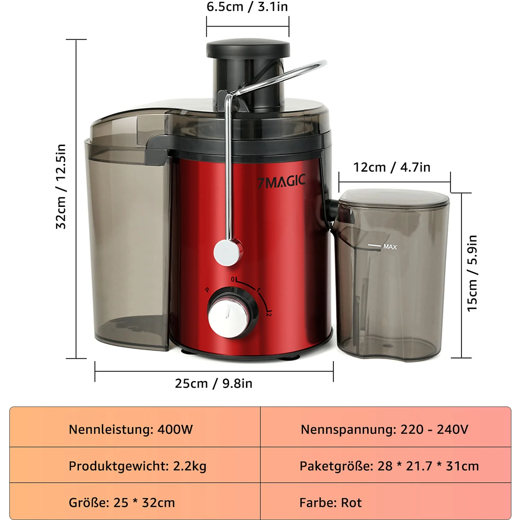 7MAGIC LH618 Entsafter elektrische Saftpresse Edelstahl 1000ML Presse Obstpresse DHL Entsafter, Rot