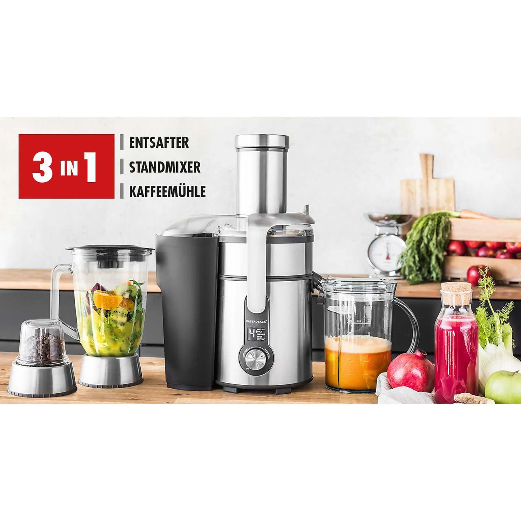 GASTROBACK 40153 Design Multijuicer Digital Pro Entsafter 1300 Watt, Silber