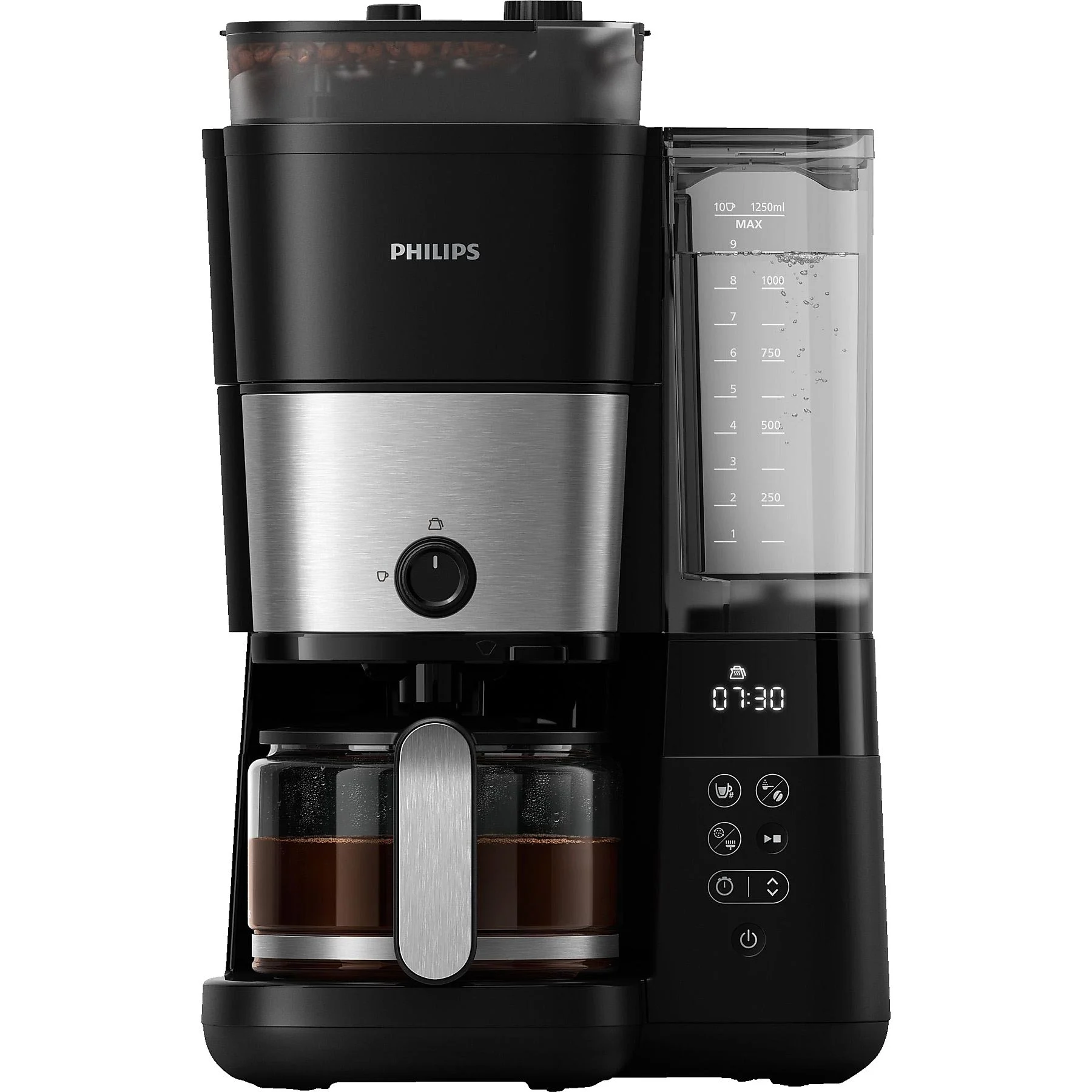 PHILIPS HD7888/01 All-in-1 Brew, mit Mahlwerk, Smart Dosierung und Kaffeebohnenbehälter, mit Glaskanne, 1,25 Liter, 1000 Watt Kaffeemaschine Schwarz/Silber