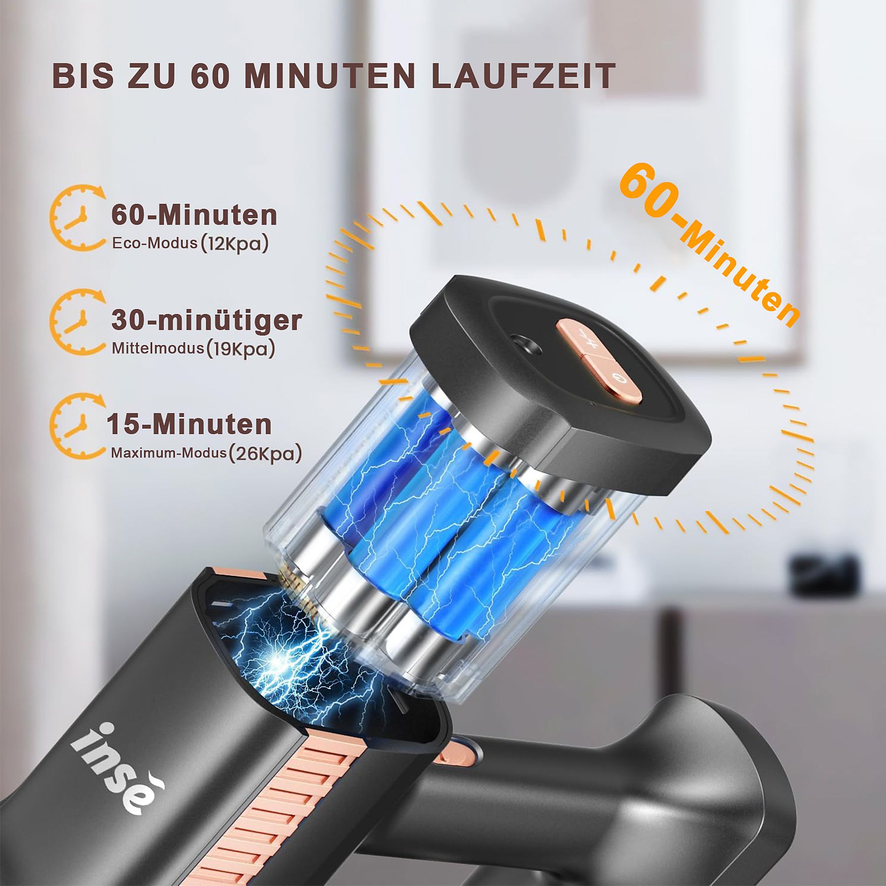 INSE N5-ROSE， Laufzeit bis zu 55 Min., Stielsauger, Akkubetrieb, Akku-Stielstaubsauger, maximale Leistung: 260 Watt, GOLD)