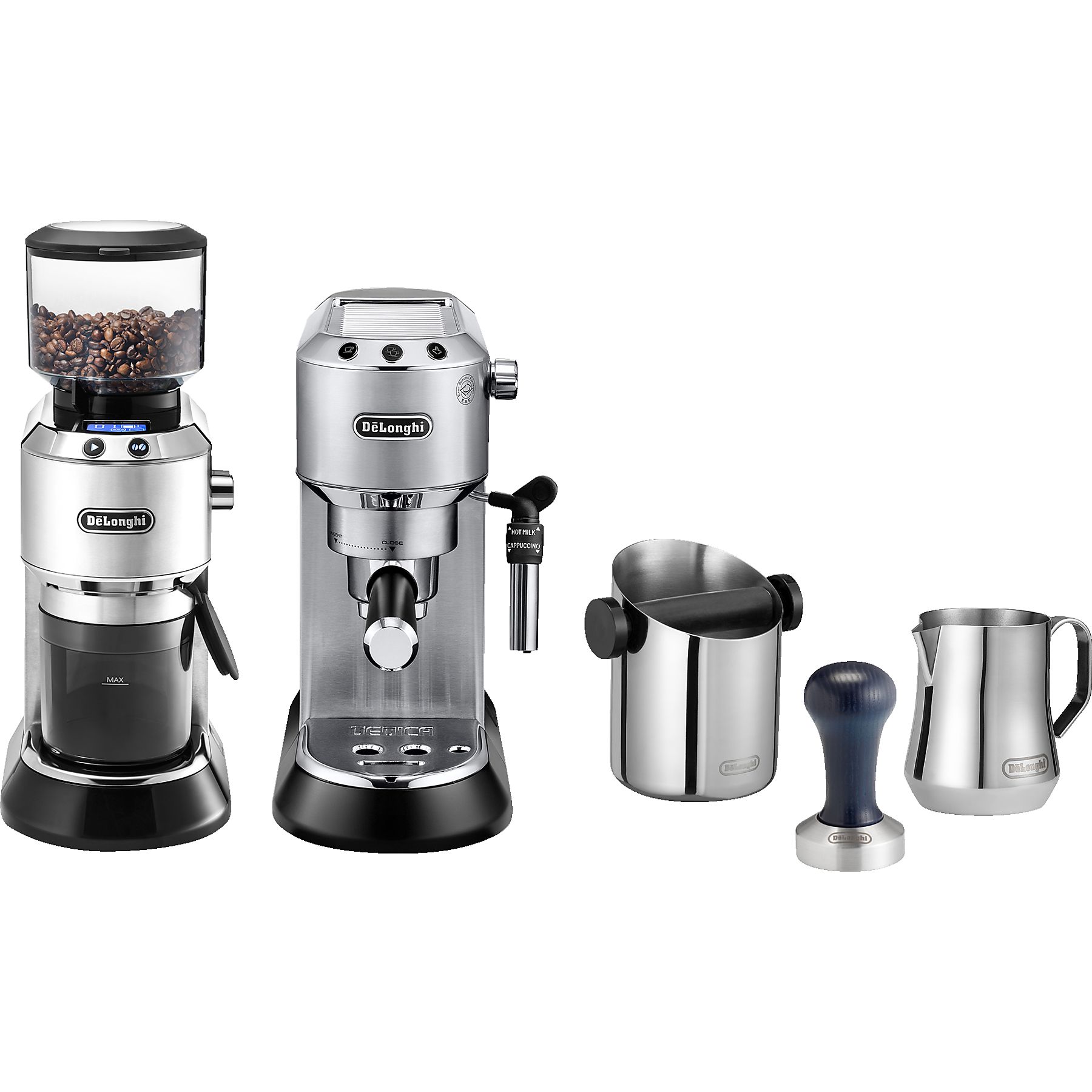 DELONGHI Dedica Style ECKG 6821.M - Barista Bundle aus Espresso Siebträger und Kaffeemühle 18 Mahlgrade, Espressomaschine Silber