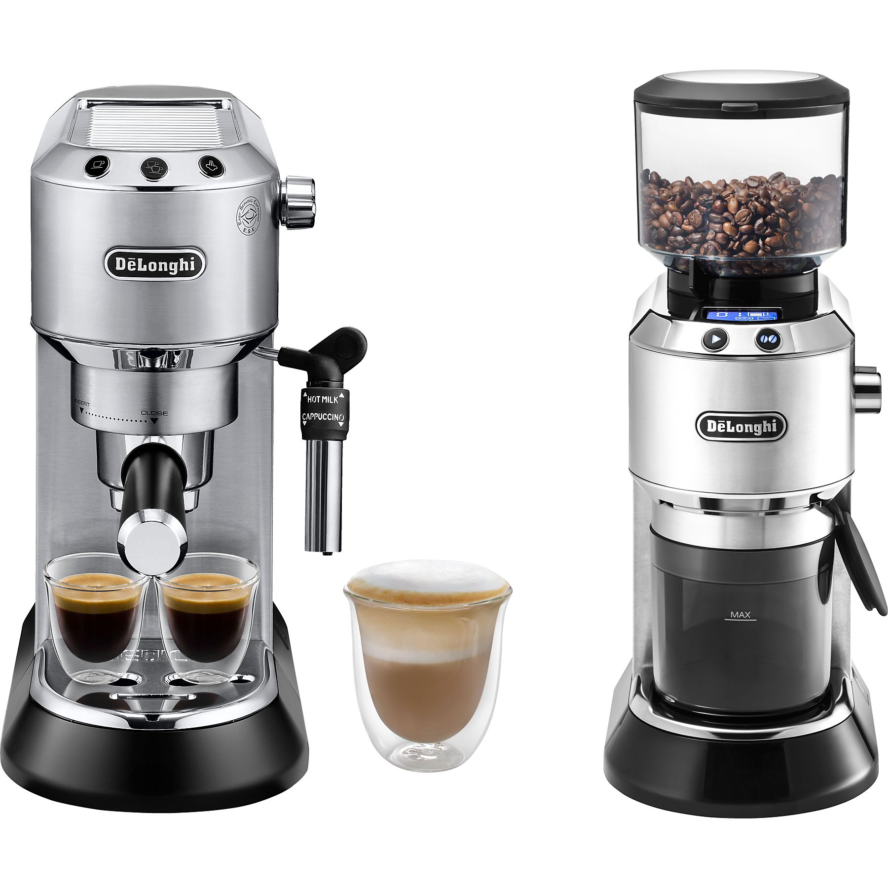 DELONGHI Dedica Style ECKG 6821.M - Barista Bundle aus Espresso Siebträger und Kaffeemühle 18 Mahlgrade, Espressomaschine Silber