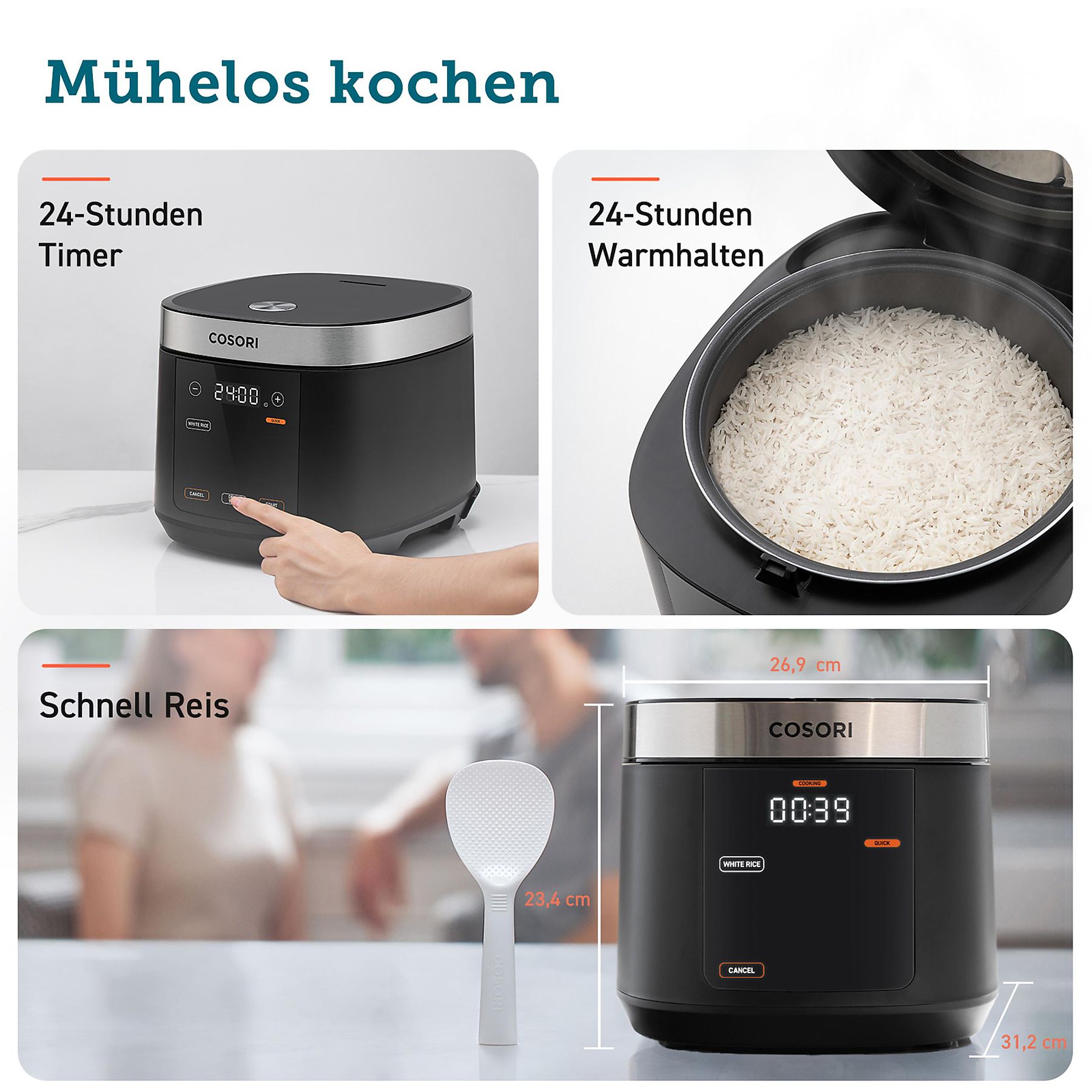 COSORI RC-R501-KEU 5.0 Liter Multifunktionskocher Schwarz (Rührschüsselkapazität: 5 l, 970 Watt)