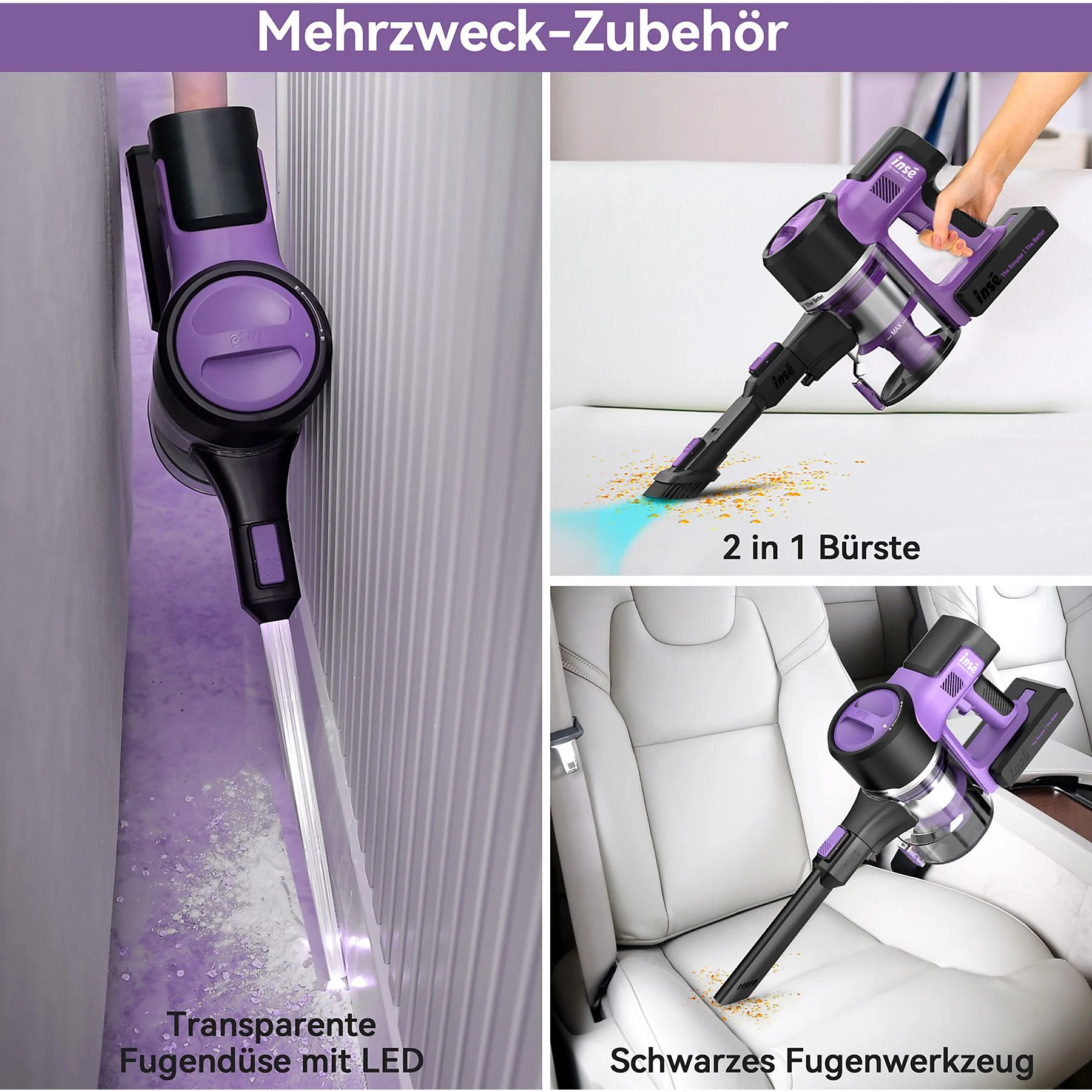 INSE S10 Stielstaubsauger, Netz-/Akkubetrieb, 350 Watt