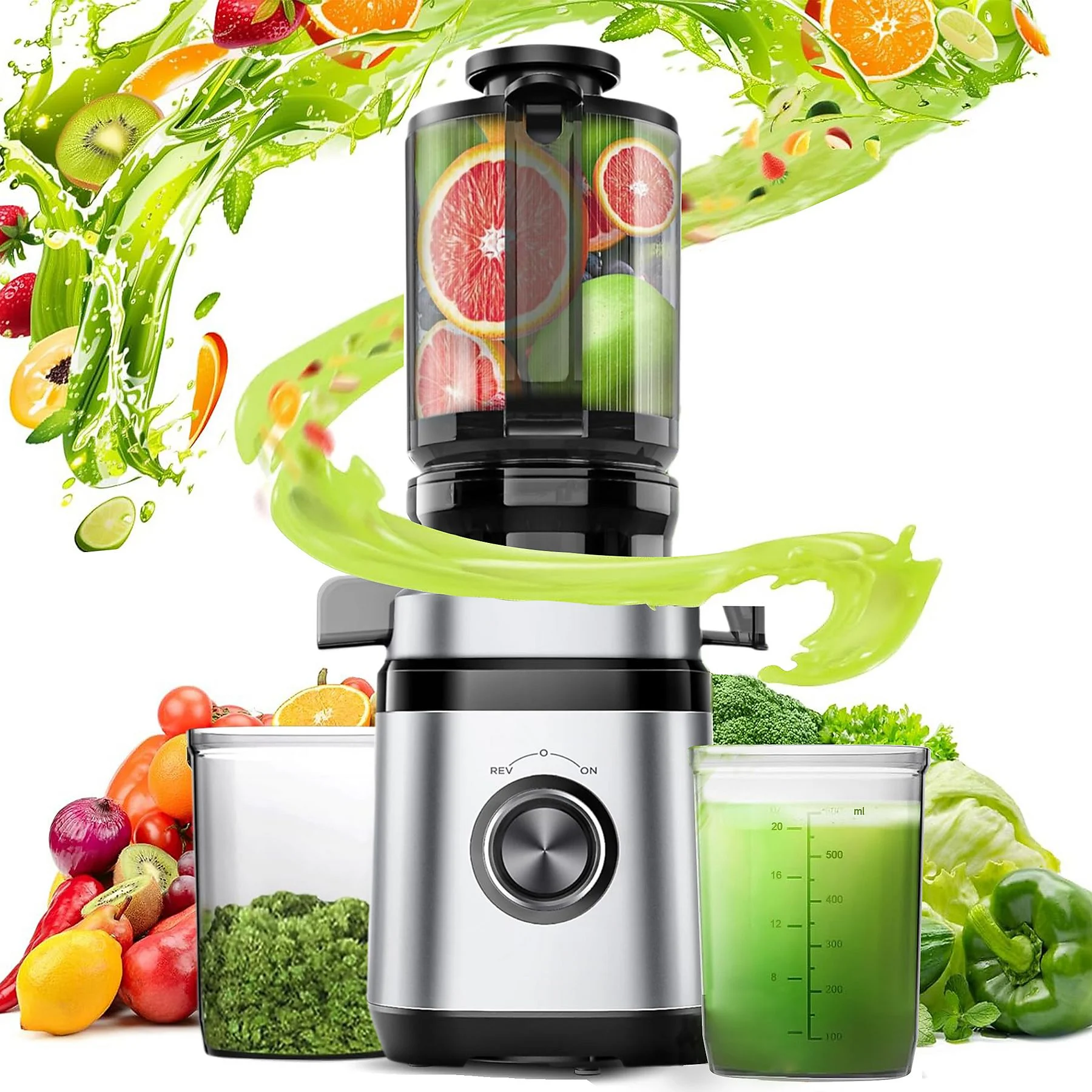 MSOVAEU 1.8L Slow Juicer mit 2 Gläsern Entsafter, Silber