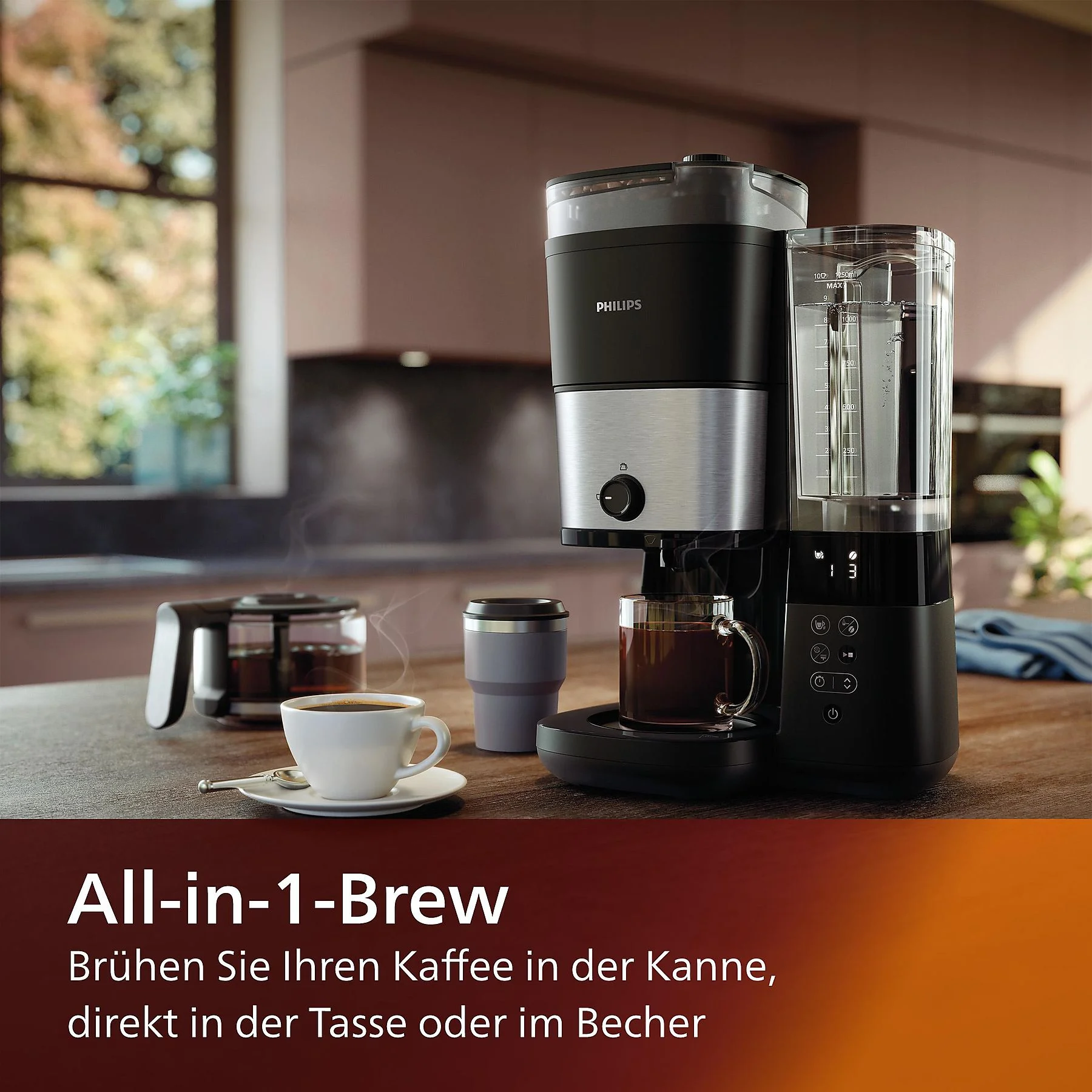 PHILIPS HD7888/01 All-in-1 Brew, mit Mahlwerk, Smart Dosierung und Kaffeebohnenbehälter, mit Glaskanne, 1,25 Liter, 1000 Watt Kaffeemaschine Schwarz/Silber