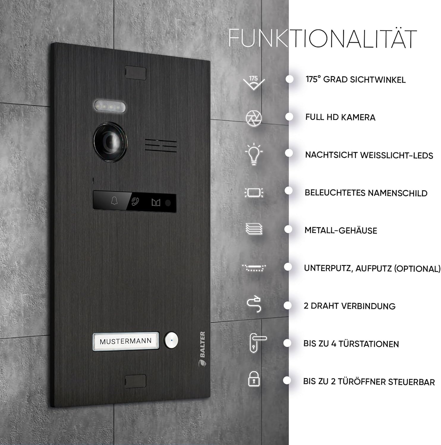 BALTER EVO-HD Video Türsprechanlage, 1 Familienhausklingel, 2 x 7 Zoll HD Monitore, Full HD Kamera