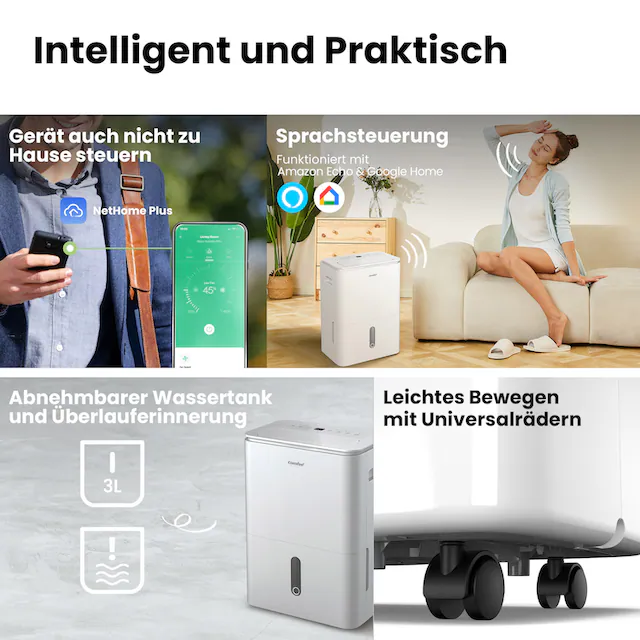 comfee Luftentfeuchter »»Easy Dry 16« geeignet für Räume mit bis zu 32 m²«, Entfeuchtung 16 l/Tag, mit Trocknermodus, App -und Sprachsteuerung