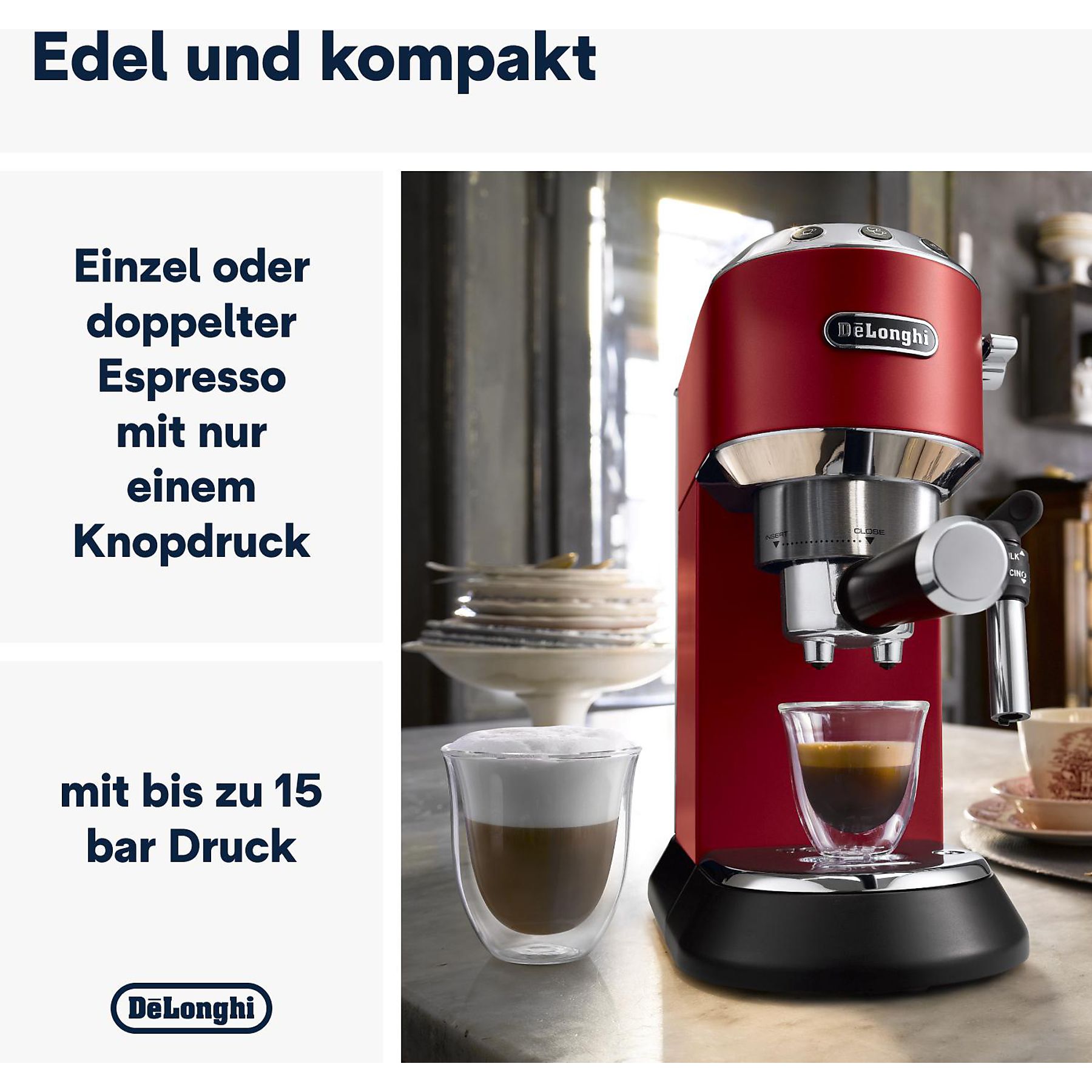 DELONGHI Dedica Style EC685.R - Professionelle Milchaufschäumung und schmales Design, Siebträger Espressomaschine Rot Matt