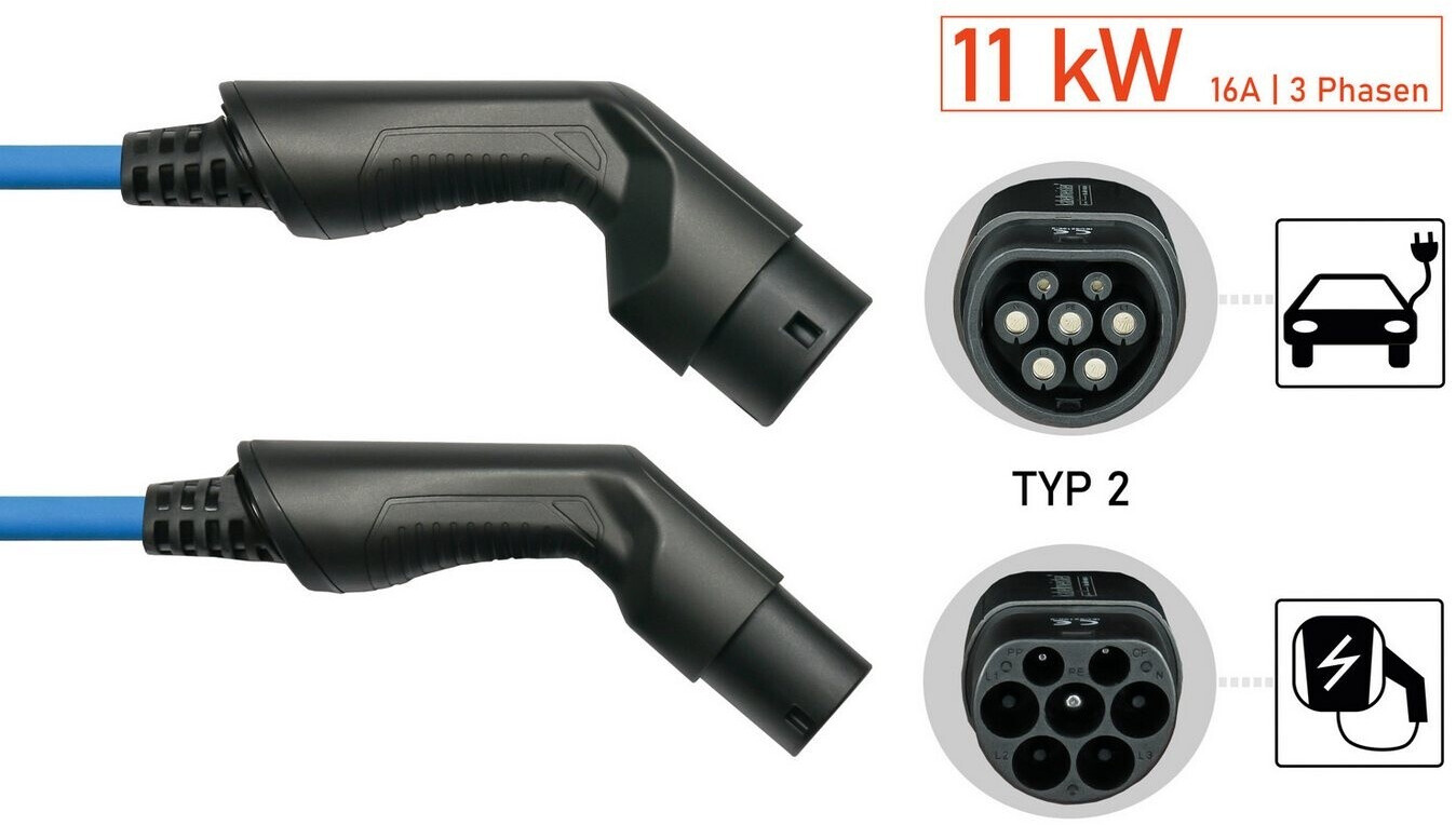 xKabelmeister E-Auto-Ladekabel Mode 3 Typ 2 Stecker an Buchse 3-phasig 16 A 11 kW Spiralkabel blau 5m (EVC02-050B)