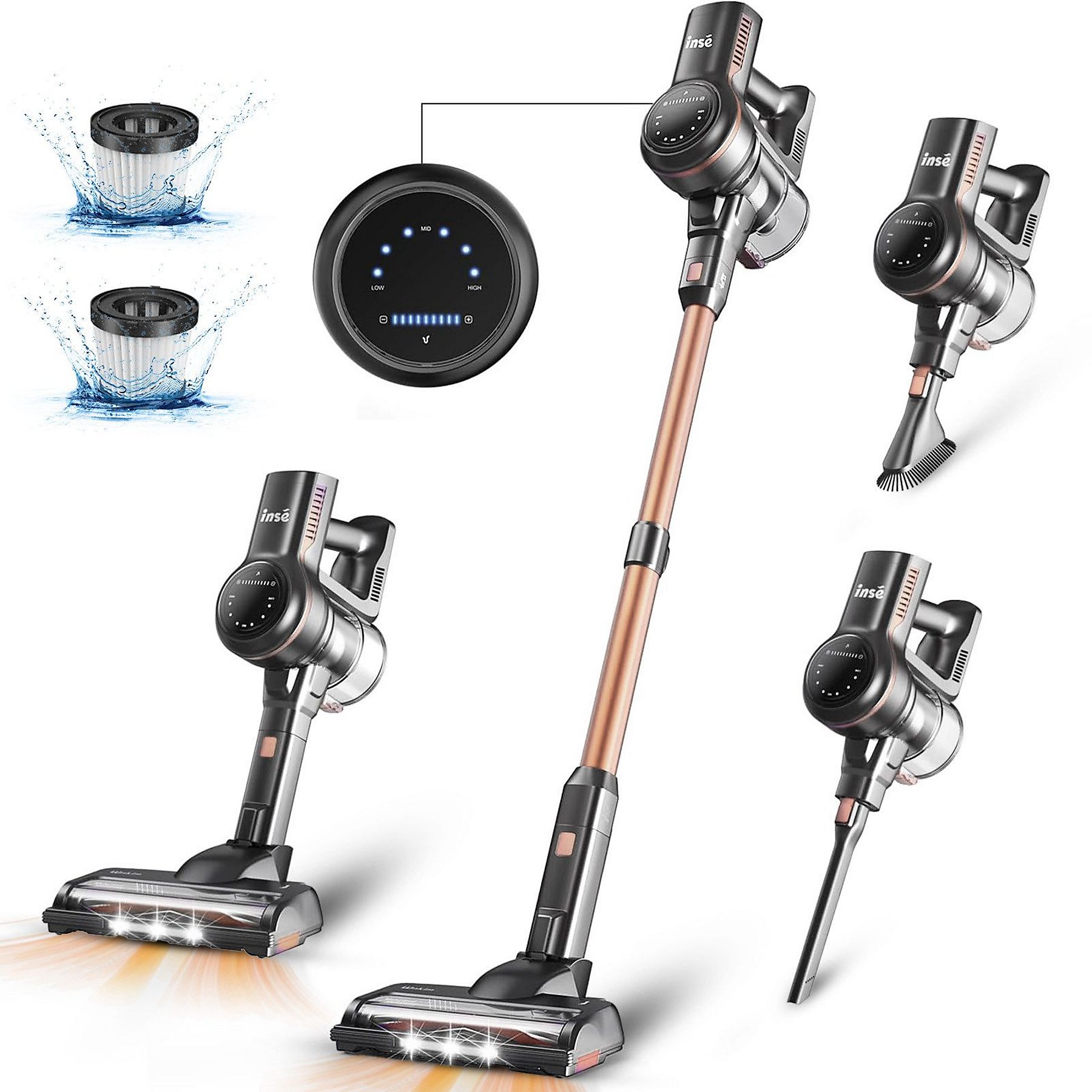 INSE N5-ROSE, Laufzeit bis zu 55 Min., Stielsauger, Akkubetrieb, Akku-Stielstaubsauger, maximale Leistung: 260 Watt, GOLD)