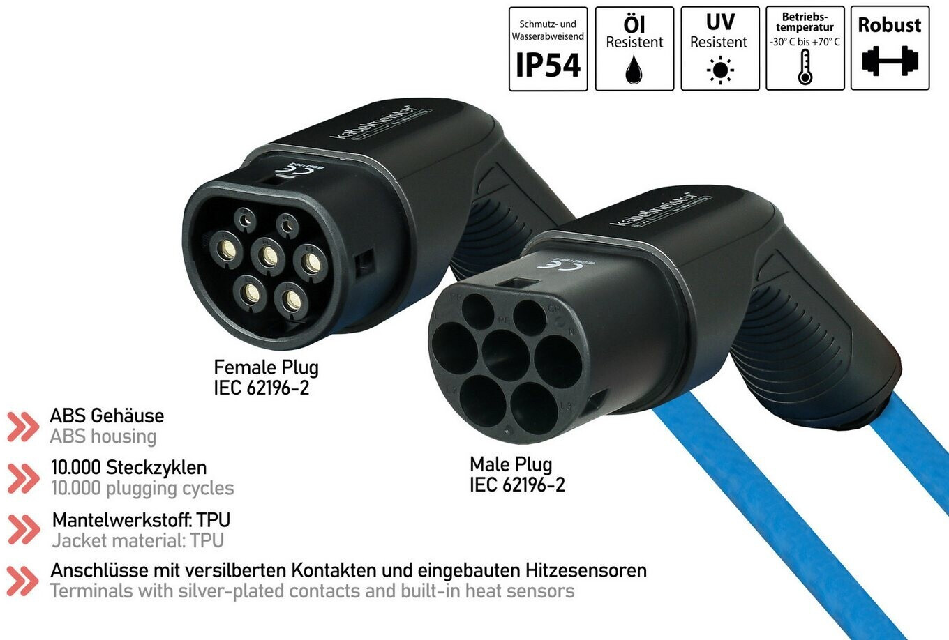 xKabelmeister E-Auto-Ladekabel Mode 3 Typ 2 Stecker an Buchse 3-phasig 16 A 11 kW Spiralkabel blau 5m (EVC02-050B)