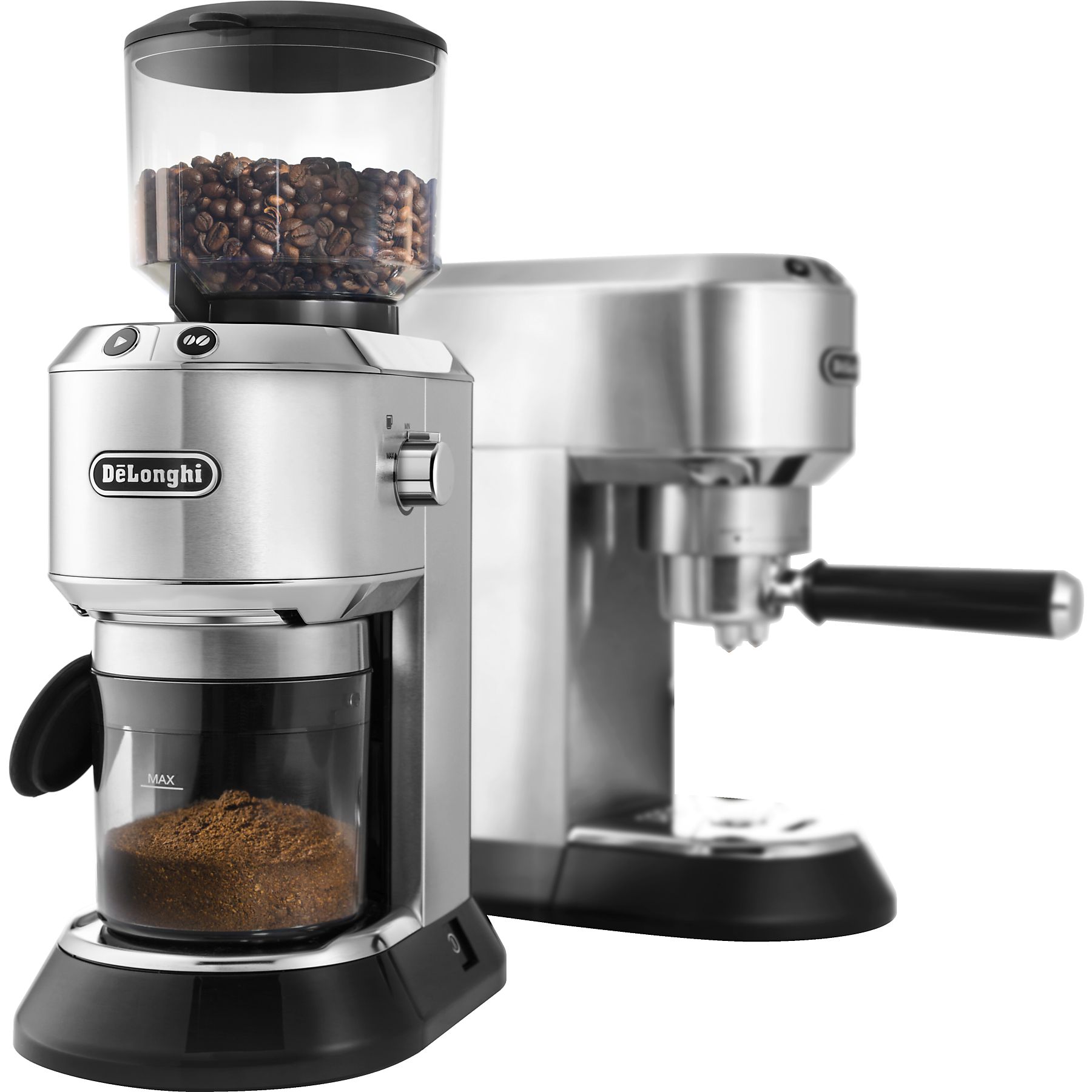 DELONGHI Dedica Style ECKG 6821.M - Barista Bundle aus Espresso Siebträger und Kaffeemühle 18 Mahlgrade, Espressomaschine Silber
