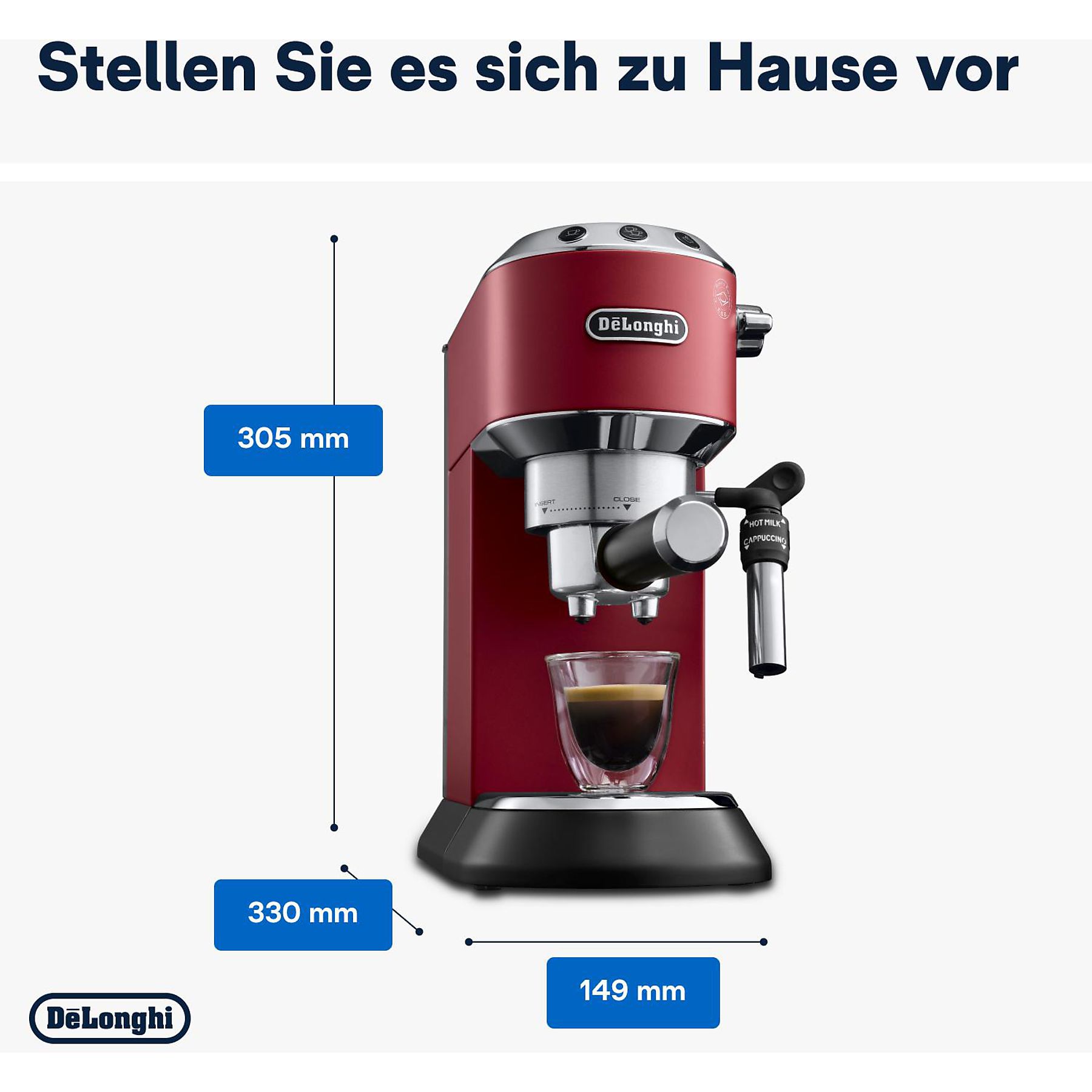 DELONGHI Dedica Style EC685.R - Professionelle Milchaufschäumung und schmales Design, Siebträger Espressomaschine Rot Matt