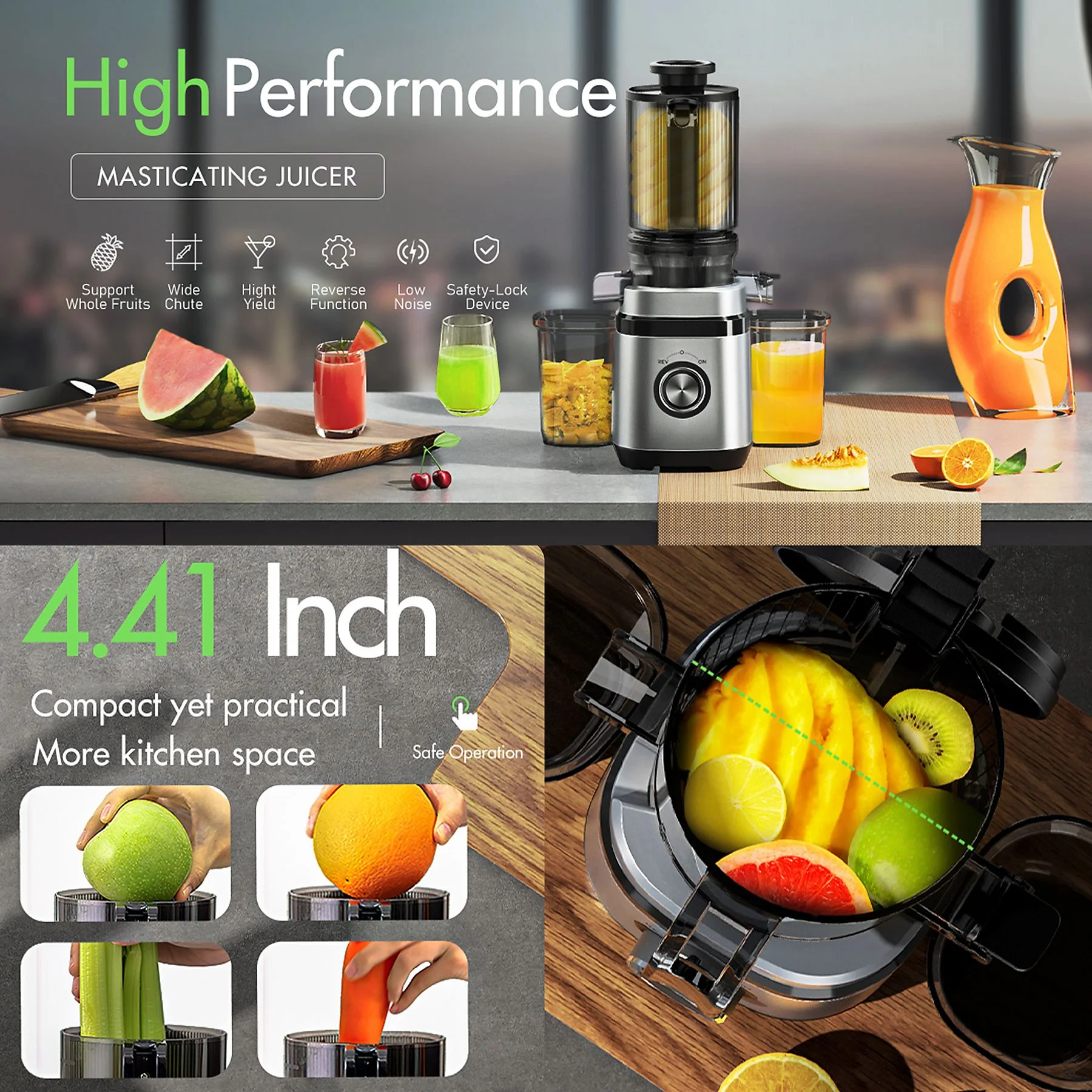 MSOVAEU 1.8L Slow Juicer mit 2 Gläsern Entsafter, Silber