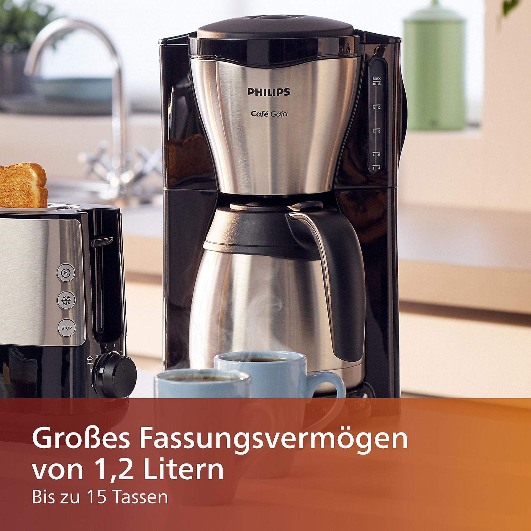 PHILIPS HD7546/20 Café Gaia mit Thermokanne aus Edelstahl, 1,2 Liter, 1000 Watt, Kaffeemaschine Schwarz/Silber