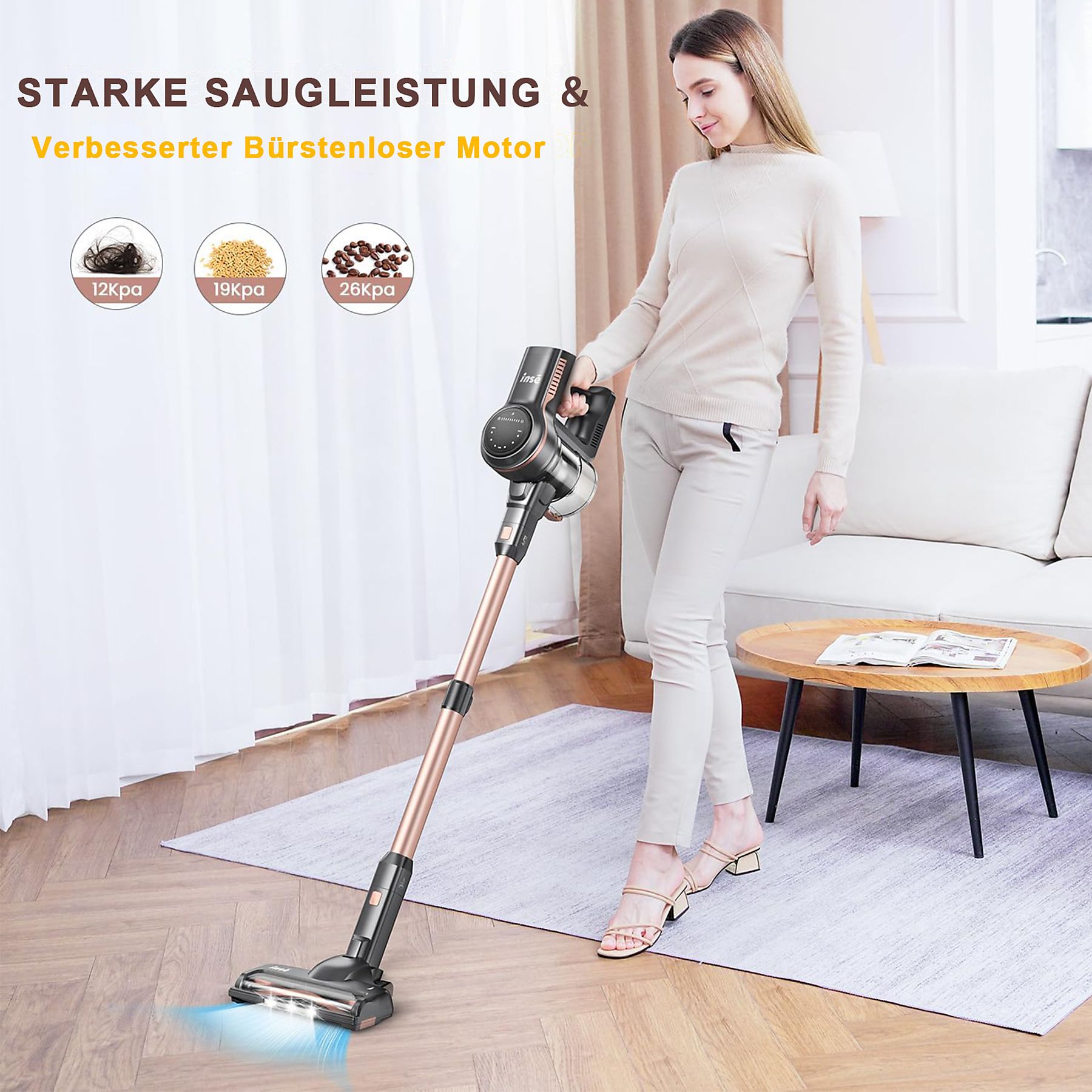 INSE N5-ROSE， Laufzeit bis zu 55 Min., Stielsauger, Akkubetrieb, Akku-Stielstaubsauger, maximale Leistung: 260 Watt, GOLD)