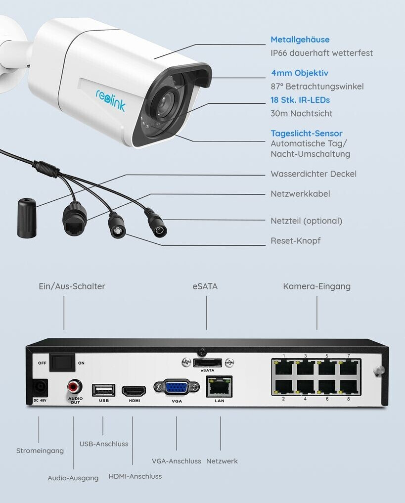 reolink RLC-810A 4K POE 8 Kameras + 2 TB Festplatte