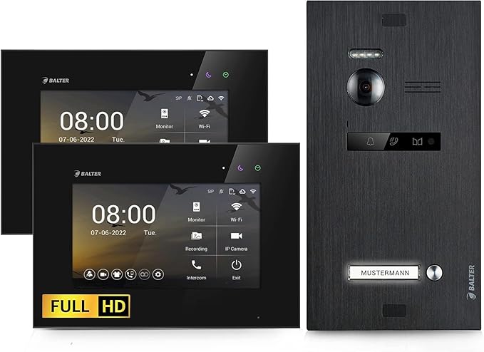 BALTER EVO-HD Video Türsprechanlage, 1 Familienhausklingel, 2 x 7 Zoll HD Monitore, Full HD Kamera