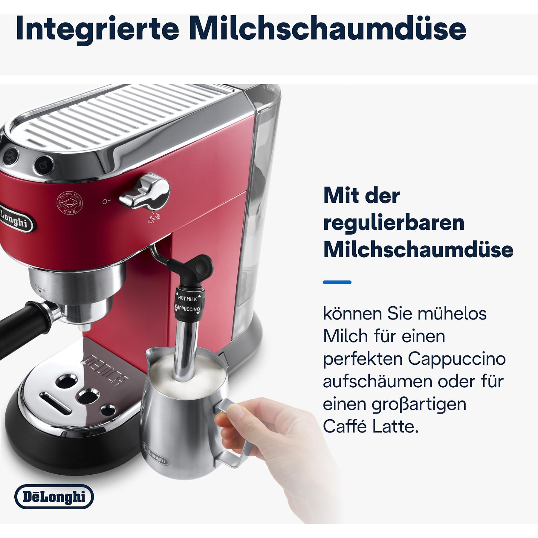 DELONGHI Dedica Style EC685.R - Professionelle Milchaufschäumung und schmales Design, Siebträger Espressomaschine Rot Matt