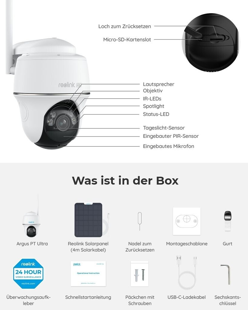 reolink Argus PT Ultra SP 2Pack Home Hub 4K 8MP Outdoor Akku 5/2 4 GHz 360° Schwenkbar Farbnachtsicht (Home Hub + Argus PT Ultra + SP)