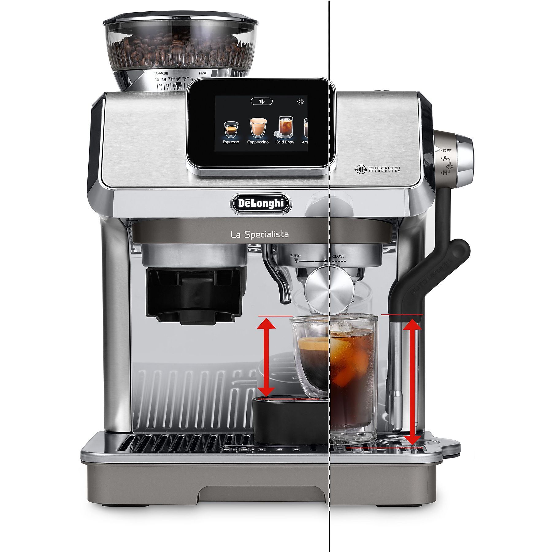DELONGHI La Specialista Touch EC9455.M - Steuerung per Touchscreen, 8 voreingestellte Kaffee-Rezepte, Cold Brew, Espressomaschine Edelstahl/Schwarz