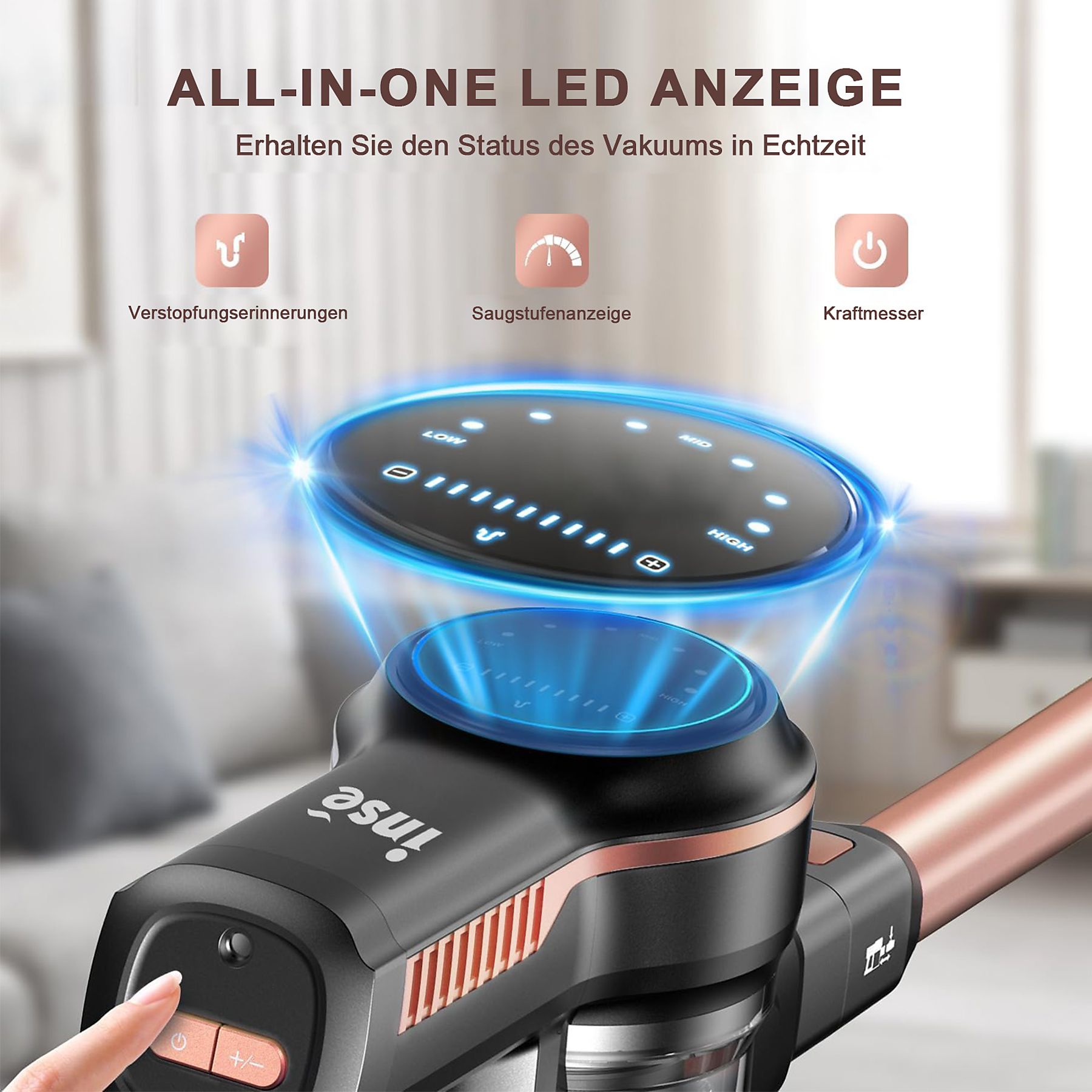 INSE N5-ROSE， Laufzeit bis zu 55 Min., Stielsauger, Akkubetrieb, Akku-Stielstaubsauger, maximale Leistung: 260 Watt, GOLD)