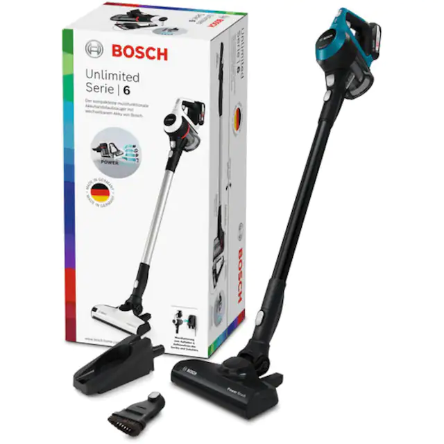 BOSCH Akku-Stielstaubsauger »Unlimited 6 BKS6111P, Hygiene-Filter, 10 Jahre Motorgarantie, leicht«, Akku wechselbar, alle Bodenarten, hohe Saugkraft, lange Laufzeit, blau