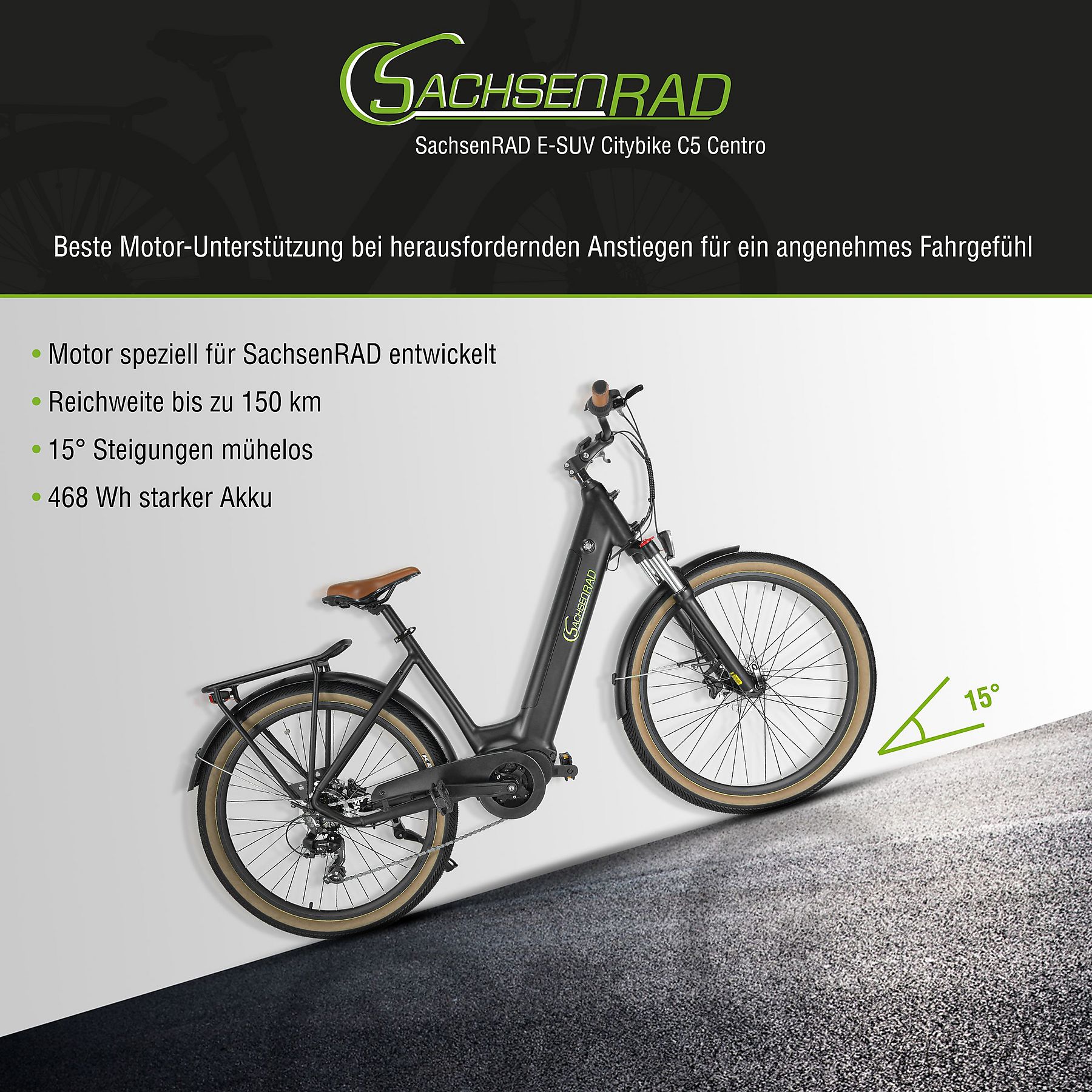 Sachsenrad E-Bikes E-SUV Citybike C5 Centro mit Alarmsystem schwarz